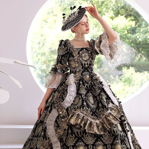 Medieval Vintage / Retro Gothic Black Printing Prom Dresses 2022 Ball Gown Square Neckline Bell sleeves Backless Floor-Length / Long Formal Dresses