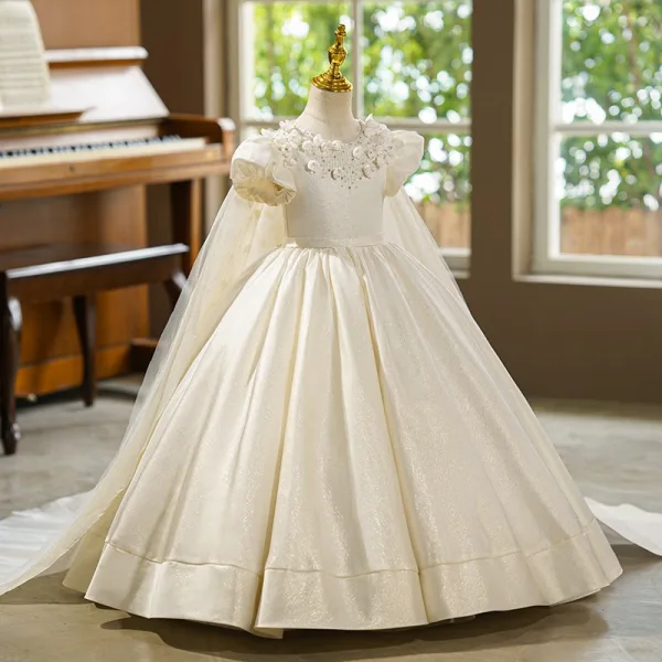 Elegant Ivory Appliques Glitter Rhinestone Birthday Flower Girl Dresses 2025 With Cloak Ball Gown Scoop Neck Puffy Short Sleeve Sweep Train