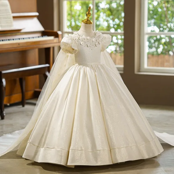 Elegante Ivory / Creme Applikationen Geburtstag Blumenmädchenkleider 2026 Ballkleid Rundhalsausschnitt Geschwollenes Kurze Ärmel