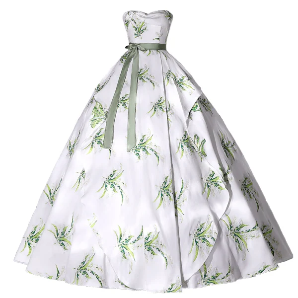 Elegant White Satin Printing Prom Dresses 2022 Ball Gown Strapless Sleeveless Backless Bow Sash Floor-Length / Long Formal Dresses