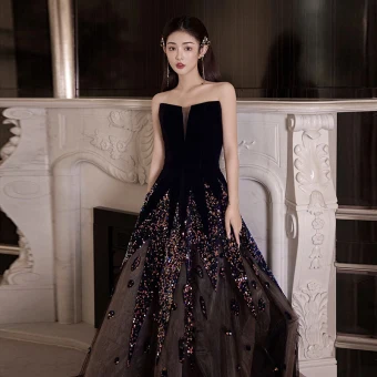 Charmant Noire Paillettes Princesse Robe De Soirée 2023 Bustier Sans Manches Dos Nu Longue Soirée Robe De Ceremonie