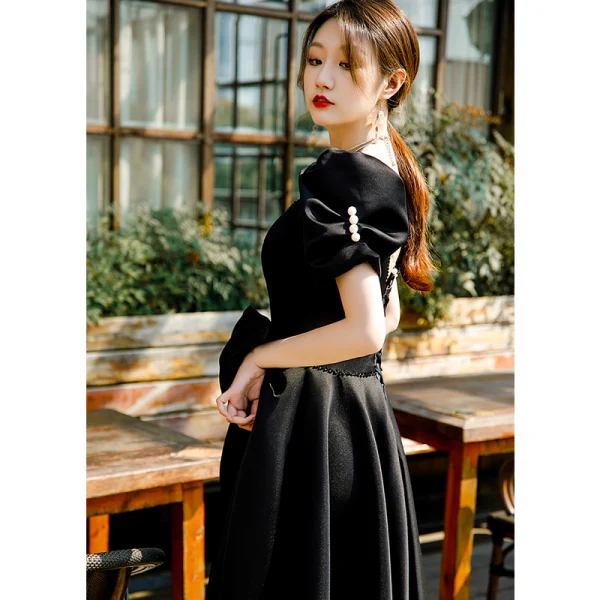 Élégant Noire Robe De Bal 2022 Princesse Encolure Carrée Noeud Gonflée Manches Courtes Dos Nu Longue Promo Robe De Ceremonie