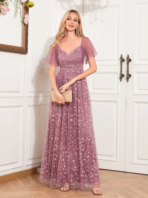 Chic / Beautiful Candy Pink Lace Flower Evening Dresses 2024 A-Line / Princess V-Neck Short Sleeve Backless Floor-Length / Long Evening Party Formal Dresses