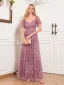 Chic / Beautiful Candy Pink Lace Flower Evening Dresses 2024 A-Line / Princess V-Neck Short Sleeve Backless Floor-Length / Long Evening Party Formal Dresses