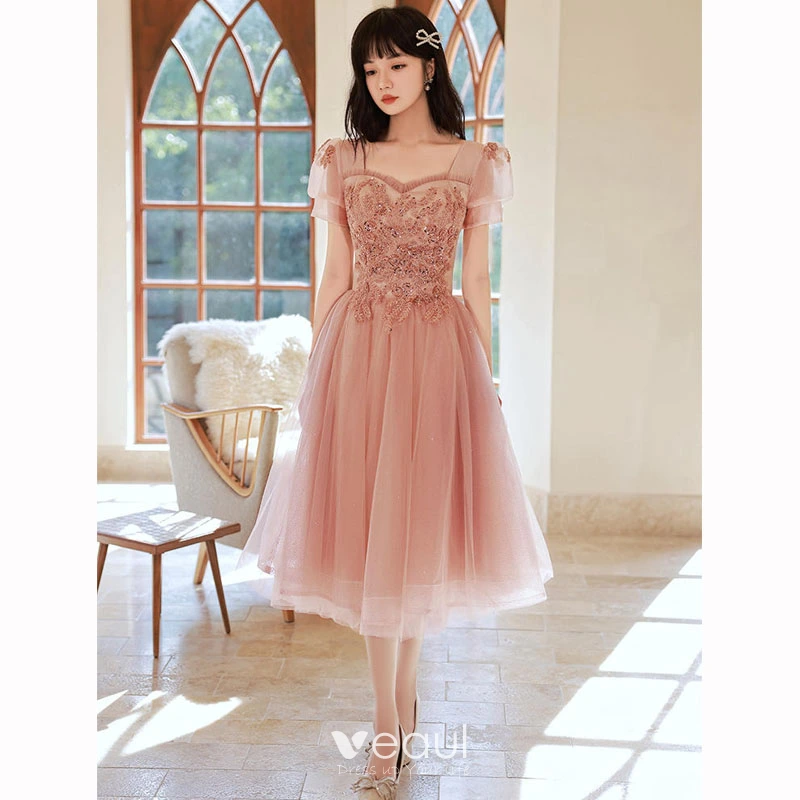blush graduation dress Blush Tulle A-line Halter Backless Homecoming Dress SH609 main image 1
