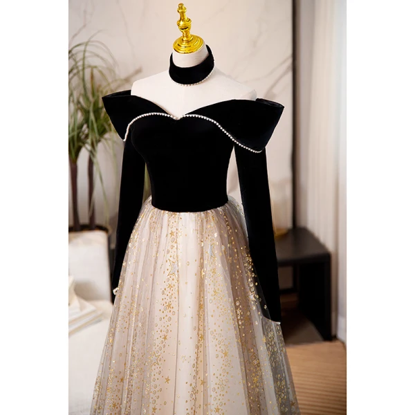 Charming Black Star Sequins Evening Dresses 2023 A-Line / Princess Pearl Off-The-Shoulder Long Sleeve Backless Floor-Length / Long Evening Party Formal Dresses