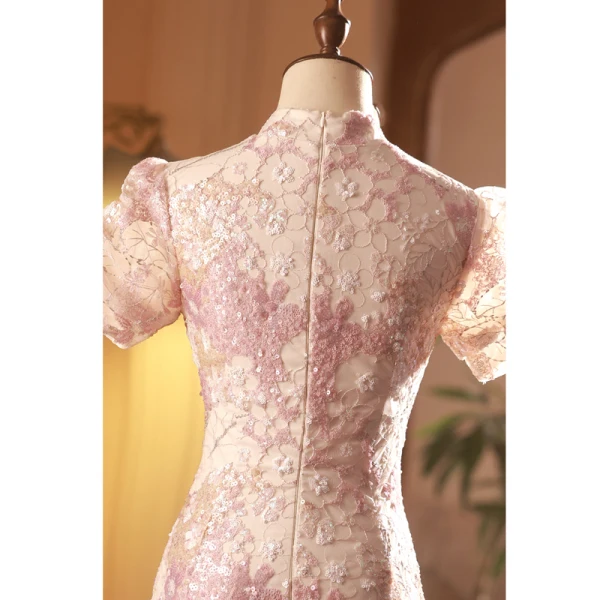Chiński Styl Rumieniąc Różowy Cekiny Cheongsam 2023 Syrena / Rozkloszowane Wysokiej Szyi Kótkie Rękawy Długość Herbaty Wieczorowe Cheongsam