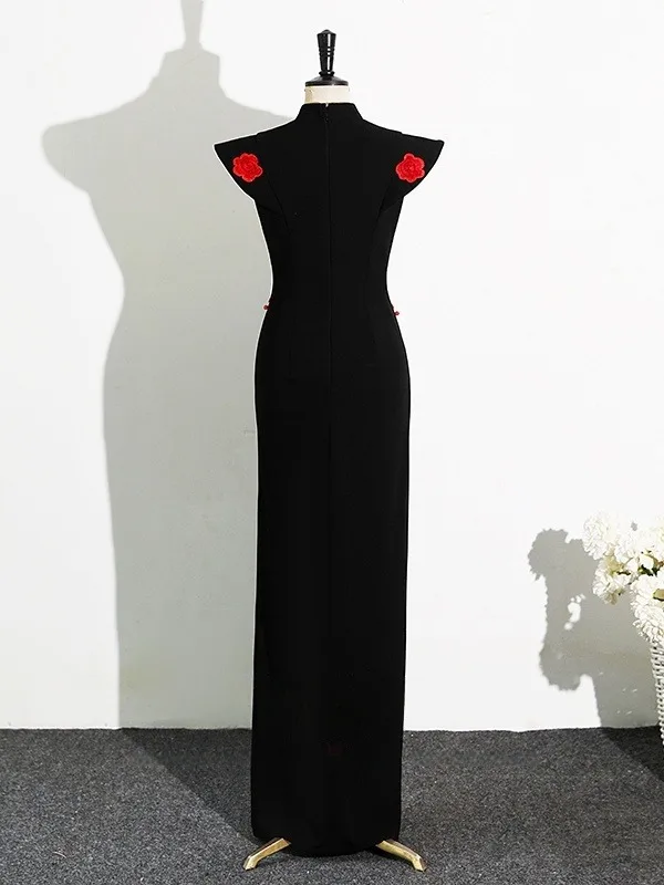 Chinese style Black Evening Party Cheongsam / Qipao 2025 Trumpet / Mermaid High Neck Cap Sleeves Sweep Train