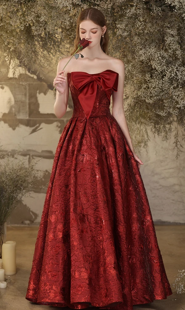 Chic / Beautiful Burgundy Printing Satin Prom Dresses 2024 Ball Gown Strapless Bow Sleeveless Backless Floor-Length / Long Prom Formal Dresses
