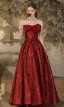 Chic / Beautiful Burgundy Printing Satin Prom Dresses 2024 Ball Gown Strapless Bow Sleeveless Backless Floor-Length / Long Prom Formal Dresses