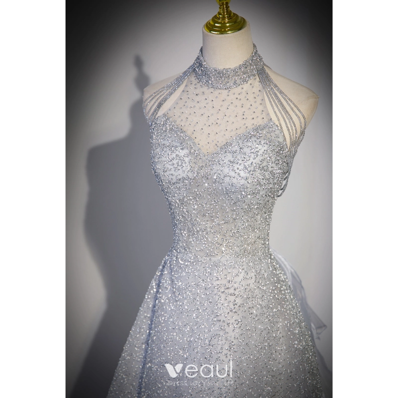 Sparkly Silver Beading Sequins Tassel Evening Dresses 2023 A-Line /  Princess Halter Sleeveless Backless Bow Sweep Train Evening Party Formal  Dresses