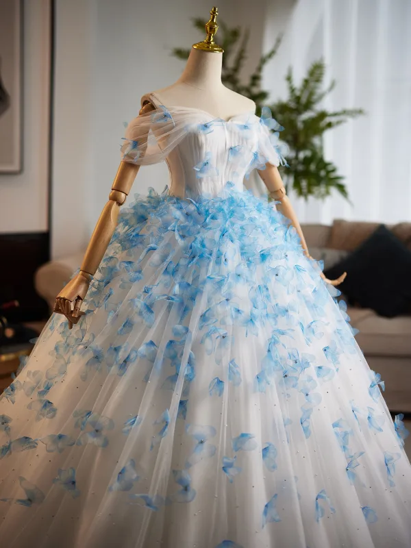 Flower Fairy White Appliques Wedding Dresses 2025 Ball Gown Off-The-Shoulder Short Sleeve Backless Floor-Length / Long