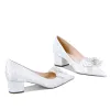 Elegant White Beading Lace Wedding Shoes 2024 4 cm Thick Heels Low Heel Pointed Toe Wedding Pumps High Heels