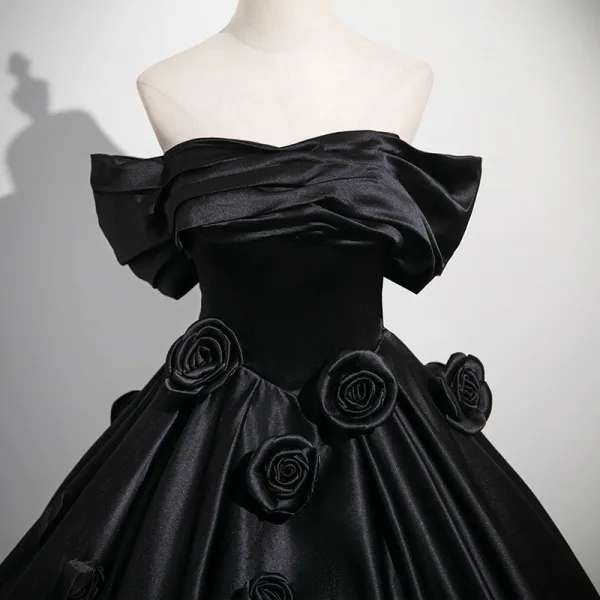 Elegant Black Appliques Satin Prom Dresses 2025 Ball Gown Off-The-Shoulder Short Sleeve Backless Floor-Length / Long Prom Formal Dresses