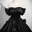 Elegant Black Appliques Satin Prom Dresses 2025 Ball Gown Off-The-Shoulder Short Sleeve Backless Floor-Length / Long Prom Formal Dresses