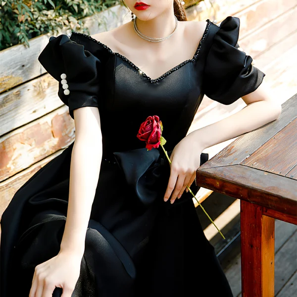 Élégant Noire Robe De Bal 2022 Princesse Encolure Carrée Noeud Gonflée Manches Courtes Dos Nu Longue Promo Robe De Ceremonie