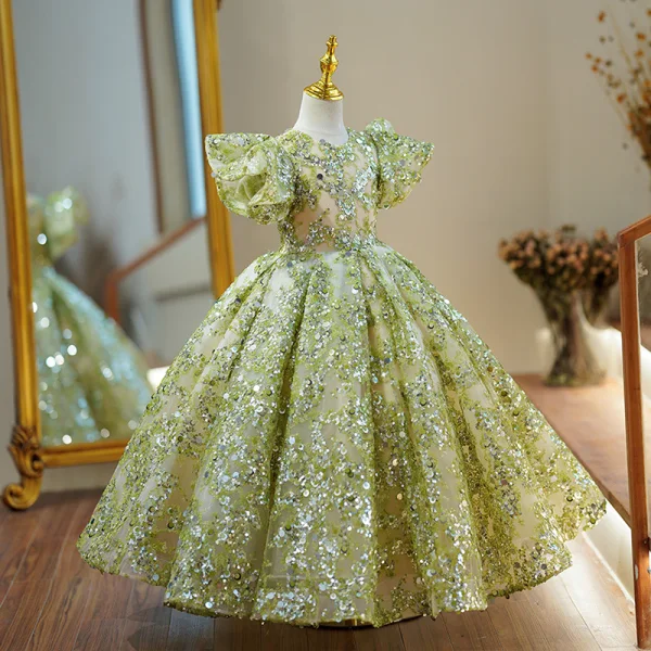 Bling Bling Vert Perlage Paillettes Anniversaire Robe Ceremonie Fille 2024 Robe Boule Encolure Dégagée Gonflée Manches Courtes Longue