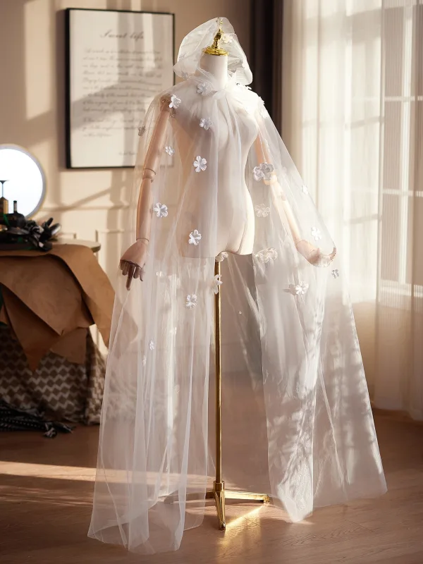 Élégant Blanche Fait main Appliques Mariage Vestes & Enveloppements Tulle 2026 châle