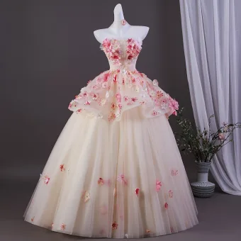Flower Fairy Champagne Pearl Appliques Prom Dresses 2026 Ball Gown Strapless Sleeveless Backless