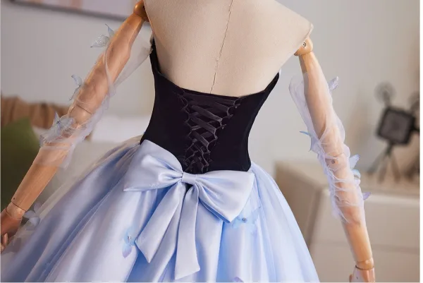 Charming Sky Blue Bow Butterfly Prom Dresses 2025 Ball Gown Strapless Short Sleeve Backless Floor-Length / Long Formal Dresses