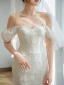 Chic / Belle Blanche En Dentelle Fleur Légère Robe De Mariée 2022 Trompette / Sirène Encolure Carrée Manches Courtes Appliques Dos Nu Longue Mariage