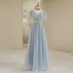 Chic Beautiful Silver Sequins Prom Dresses 2022 A Line Princess V Neck Short Sleeve Backless Floor Length Long Prom Formal Dresses