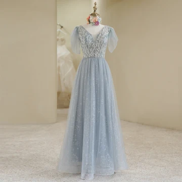 Chic Beautiful Silver Sequins Prom Dresses 2022 A Line Princess V Neck Short Sleeve Backless Floor Length Long Prom Formal Dresses