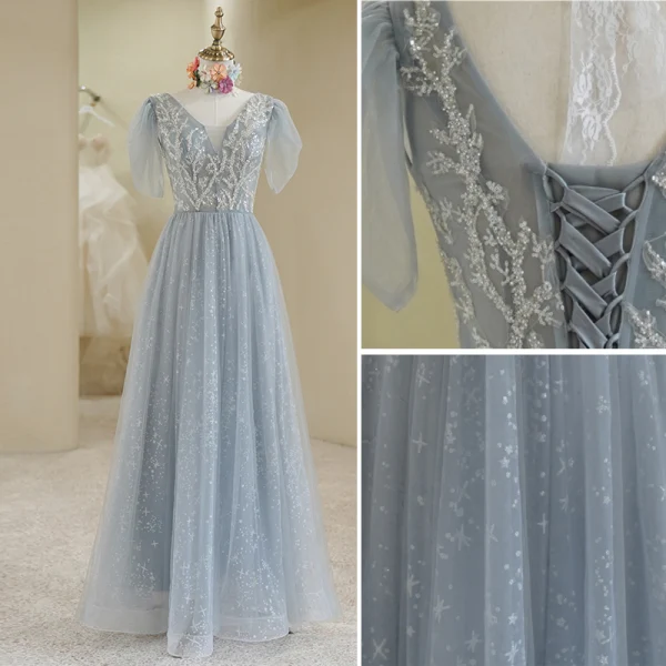 Chic / Beautiful Silver Sequins Prom Dresses 2022 A-Line / Princess V-Neck Short Sleeve Backless Floor-Length / Long Prom Formal Dresses