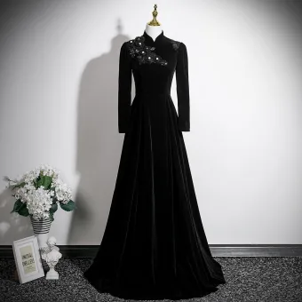 Style Chinois Noire Perle En Dentelle Fleur Velours Robe De Soirée 2025 Princesse Col Haut Manches Longues Dos Nu Longue Soirée Robe De Ceremonie