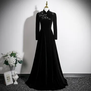 Style Chinois Noire Perle En Dentelle Fleur Velours Robe De Soirée 2025 Princesse Col Haut Manches Longues Dos Nu Longue Soirée Robe De Ceremonie