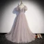 Chic / Beautiful Grey Prom Dresses 2022 A-Line / Princess U-Neck Puffy Short Sleeve Sequins Floor-Length / Long Formal Dresses