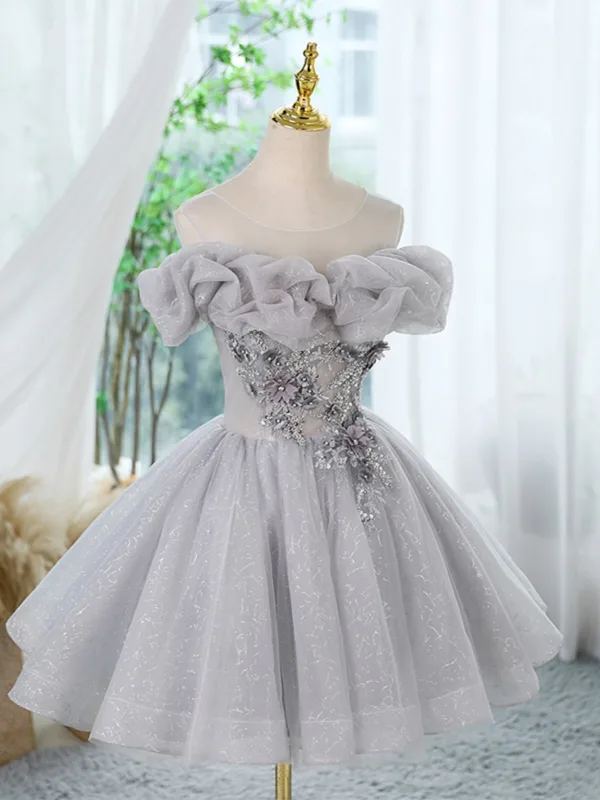 Chic / Belle Gris Perlage Appliques Paillettes Courte Anniversaire Robe De Fête 2024 Robe Boule De l'épaule Manches Courtes Dos Nu Robe De Ceremonie