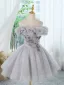 Chic / Belle Gris Perlage Appliques Paillettes Courte Anniversaire Robe De Fête 2024 Robe Boule De l'épaule Manches Courtes Dos Nu Robe De Ceremonie