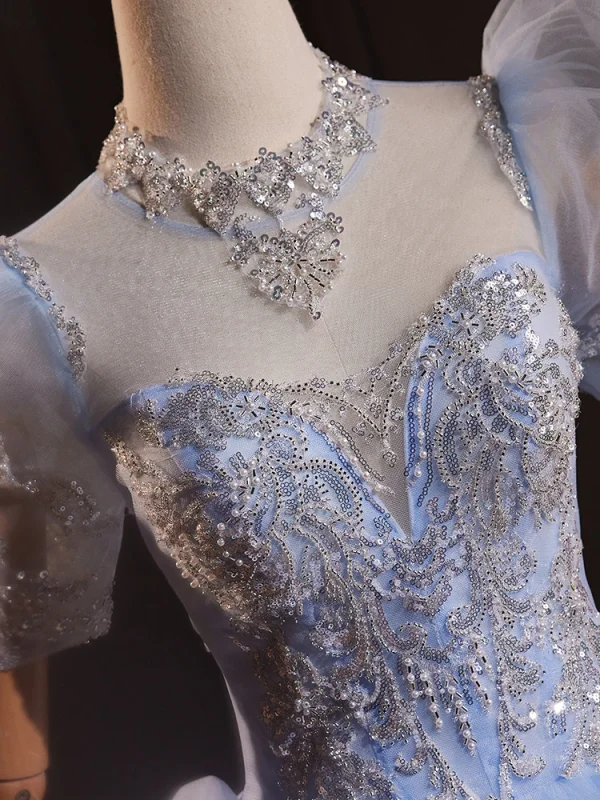 Elegant Sky Blue Beading Pearl Sequins Prom Dresses 2024 Ball Gown Scoop Neck Short Sleeve Backless Floor-Length / Long Prom Formal Dresses