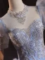 Elegant Sky Blue Beading Pearl Sequins Prom Dresses 2024 Ball Gown Scoop Neck Short Sleeve Backless Floor-Length / Long Prom Formal Dresses