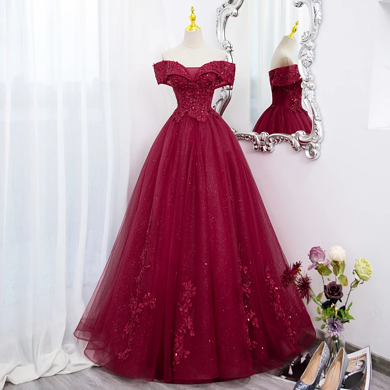 green emerald velvet dress Elegant Tulle Straps Ball Gown Beaded Burgundy Long Prom Dress,MP588 main image 1