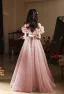 Schöne Rosa Schleife Stoffgürtel Ballkleider 2024 A Linie Rüschen Off Shoulder Kurze Ärmel Rückenfreies Lange Ball Festliche Kleider