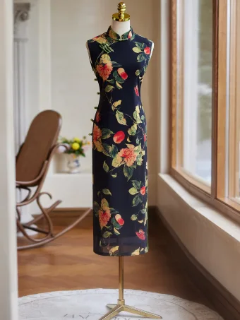 Chinese Style Vintage Retro Black Printing Cheongsam 2024 Trumpet Mermaid High Neck Sleeveless Tea Length