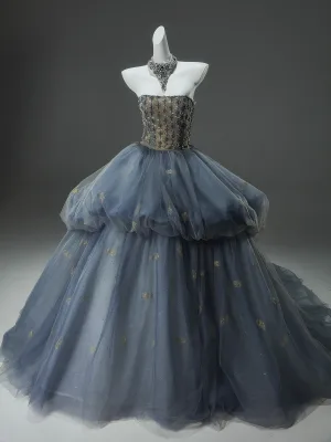 Luxe Bleu Ciel Volants En Cascade Robe De Bal De Retour Robe De Graduation 2025 Robe Boule Bustier Fait Main Perlage Sans Manches Dos Nu Chapel Train Robe De Ceremonie
