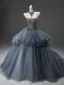 Luxury / Gorgeous Sky Blue Cascading Ruffles Prom Dresses Homecoming Graduation Dresses 2025 Ball Gown Strapless Handmade  Beading Sleeveless Backless Chapel Train Formal Dresses