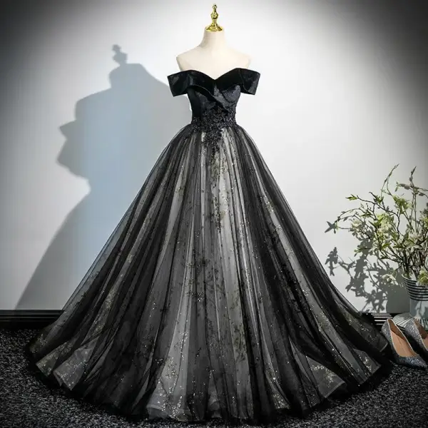 Elegant Black Appliques Sequins Prom Dresses 2025 Ball Gown Off-The-Shoulder Sleeveless Backless Floor-Length / Long Prom Formal Dresses