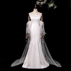 Haut De Gamme Mode Blanche Appliques Robe De Mariée 2026 Trompette Sirène Bustier Sans Manches Dos Nu Train De Balayage