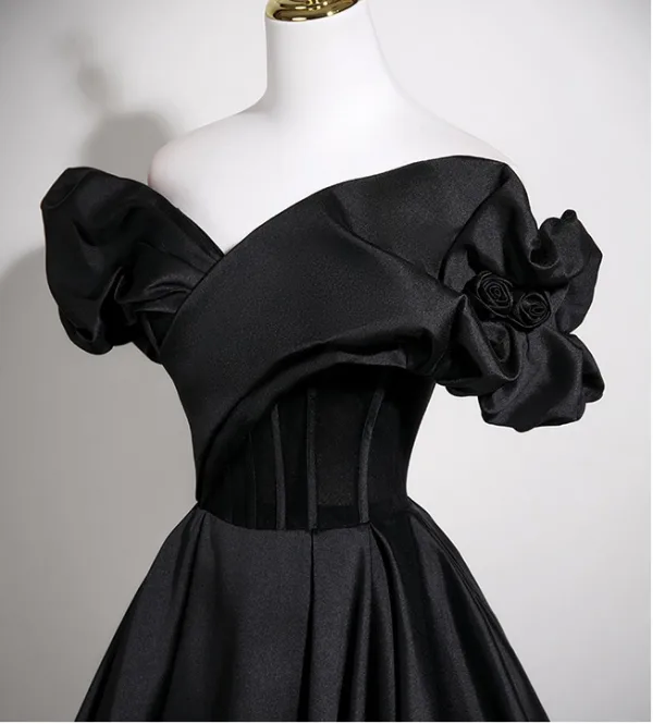 Vintage / Retro Black Prom Dresses 2025 Ball Gown Off-The-Shoulder Short Sleeve Backless Floor-Length / Long Formal Dresses