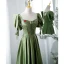 Vintage / Retro Olive Green Strawberry Satin Prom Dresses 2022 A-Line / Princess Square Neckline Bow Short Sleeve Backless Floor-Length / Long Prom Formal Dresses