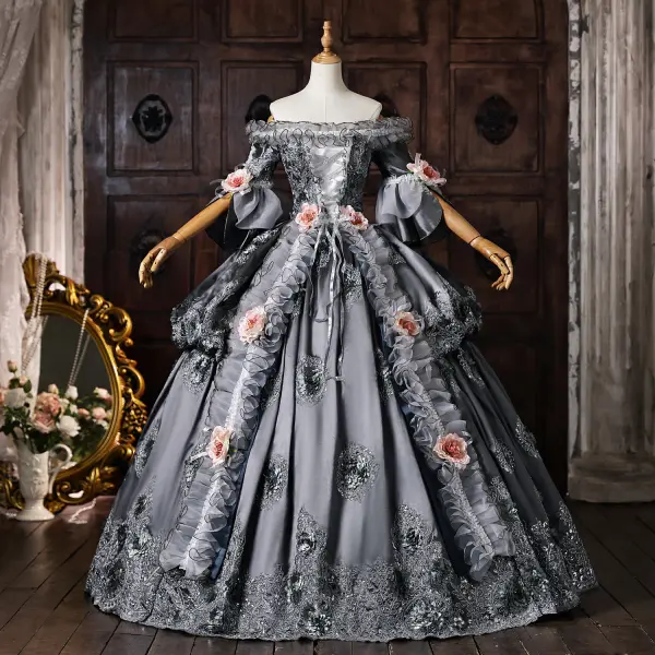 Vintage / Retro Medieval Grey Lace Flower Appliques Prom Dresses 2026 Ball Gown Off-The-Shoulder Short Sleeve Backless Floor-Length / Long Formal Dresses
