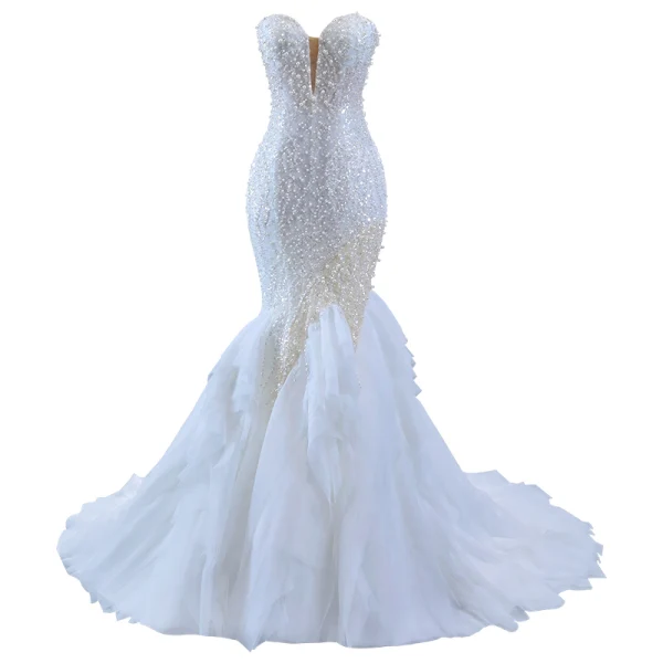 Haut de Gamme Charmant Blanche Perlage Perle Paillettes Robe De Mariée 2023 Trompette / Sirène Bustier Sans Manches Dos Nu Train De Balayage Mariage