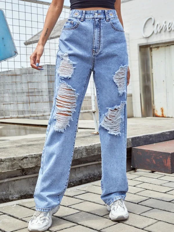 Trasiga Mode Kvinna Himmelsblå Raka Jeans 2021 Broderade Daisy Denim Långa Byxor Lösa Gatukläder Bottoms