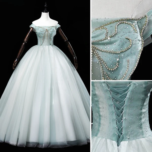 Elegant Mint Green Prom Dresses 2022 Ball Gown Off-The-Shoulder Beading Pearl Rhinestone Sleeveless Backless Floor-Length / Long Prom Formal Dresses