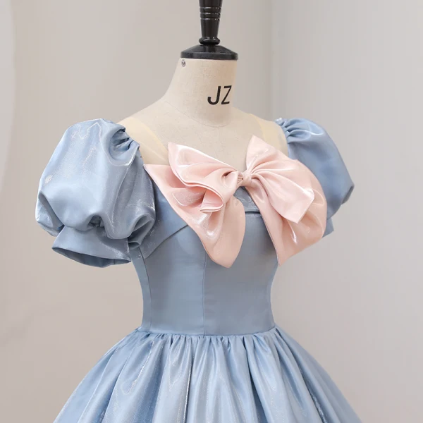 Fashion Sky Blue Prom Dresses 2022 Ball Gown Scoop Neck Bow Puffy Short Sleeve Backless Floor-Length / Long Prom Formal Dresses