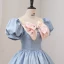 Fashion Sky Blue Prom Dresses 2022 Ball Gown Scoop Neck Bow Puffy Short Sleeve Backless Floor-Length / Long Prom Formal Dresses